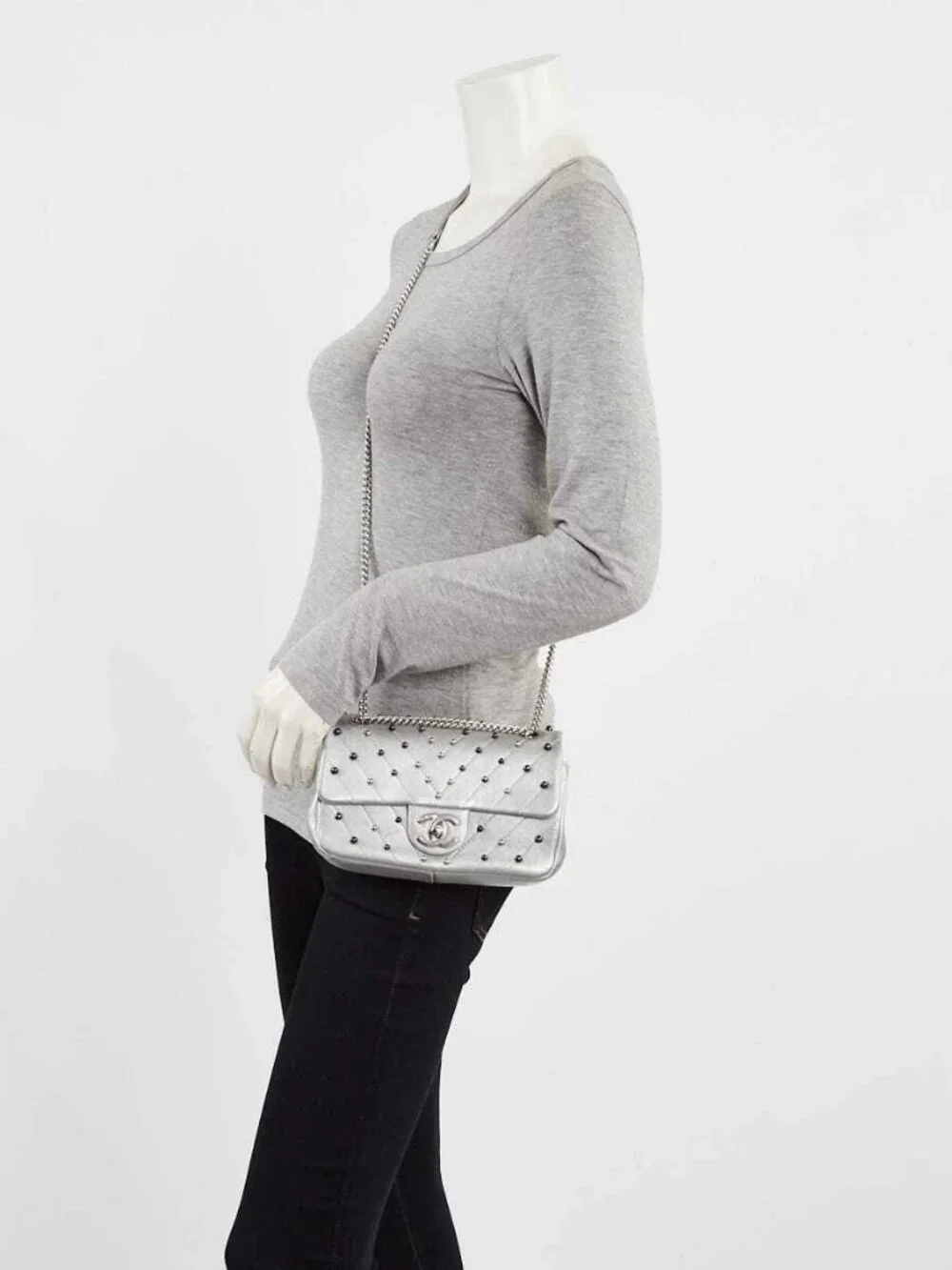 Chanel Silver Chevron Quilted Leather Studded Rectangular Mini Flap Bag
